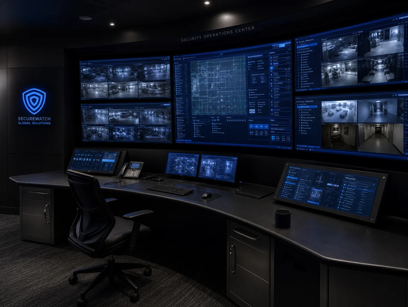 Modern security command center with multiple monitors